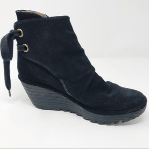 Fly London Yama Black Suede Wedge Ankle Boots 38